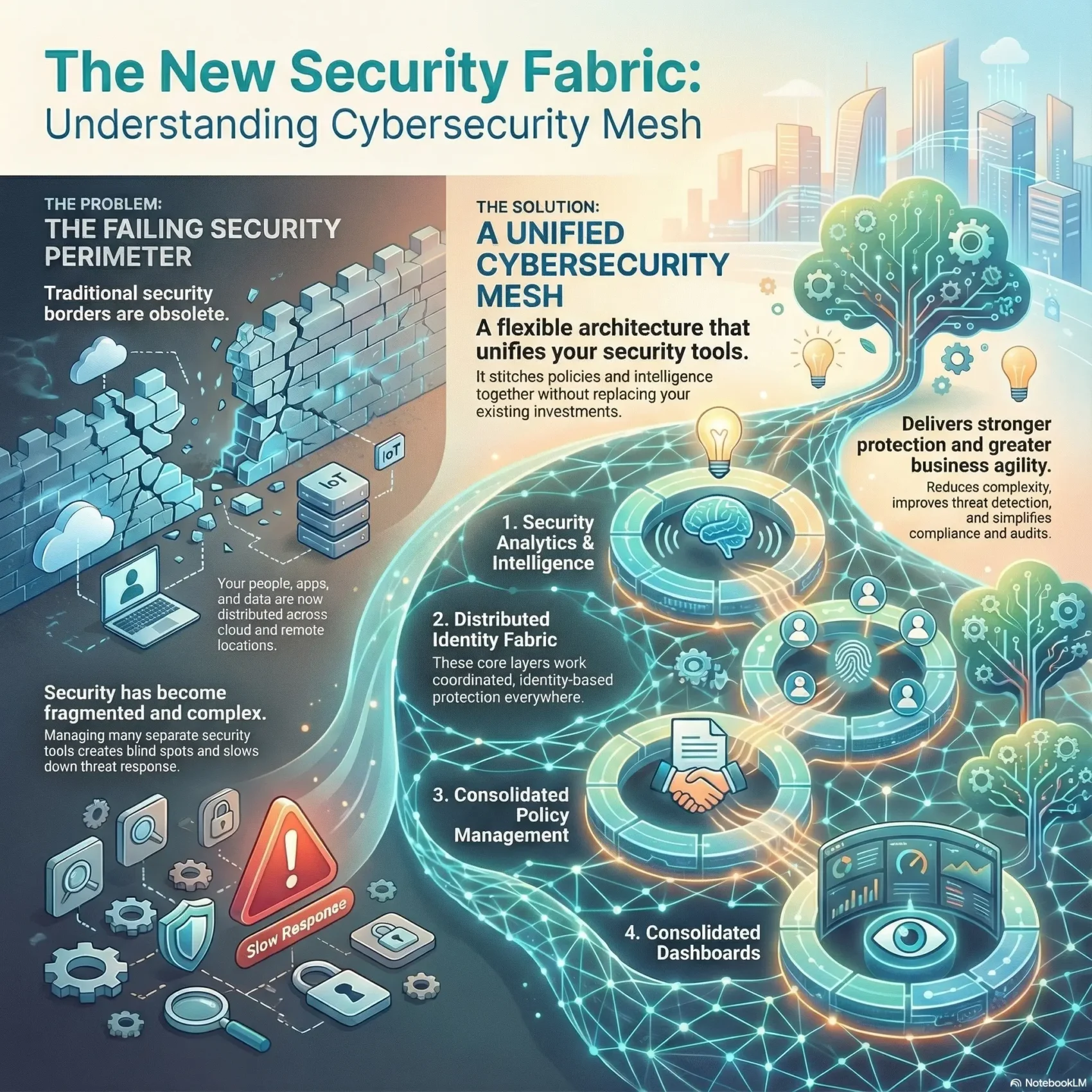 Infographic titled “The New Security Fabric: Understanding Cybersecurity Mesh”. On the left, under “The problem: the failing security perimeter”, a crumbling wall and scattered icons show how traditional borders no longer protect laptops, apps, and data spread across cloud and remote locations. Text explains that security has become fragmented and complex, with many separate tools creating blind spots and slow threat response. On the right, under “The solution: a unified cybersecurity mesh”, a glowing network connects four labeled platforms: (1) Security analytics and intelligence, (2) Distributed identity fabric, (3) Consolidated policy management, and (4) Consolidated dashboards. A tree with gears and lightbulbs symbolizes stronger protection and business agility through reduced complexity, improved threat detection, and simplified compliance and audits. A path of digital light flows from the broken perimeter into the unified mesh architecture.