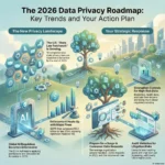 Infographic titled "The 2026 Data Privacy Roadmap: Key Trends and Your Action Plan" accompanying the SmartKeys Data Privacy Trends 2026 guide. The visual outlines the new privacy landscape, highlighting the EU AI Act and the expansion of U.S. state laws to 16 active statutes by the end of 2025. It contrasts these regulatory shifts—and the financial risk of GDPR fines exceeding €5.3 billion—with strategic responses. Key strategies include preparing for rising consumer data requests, strengthening controls for high-risk biometric and health data, and auditing websites to mitigate litigation risks associated with tracking pixels and chat tools.