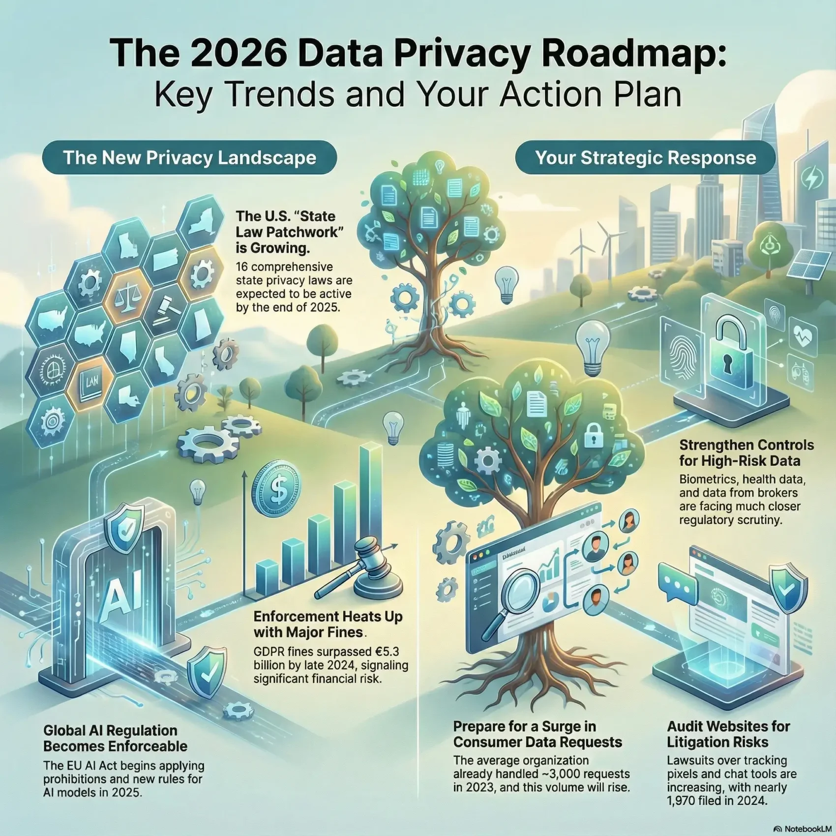 Infographic titled "The 2026 Data Privacy Roadmap: Key Trends and Your Action Plan" accompanying the SmartKeys Data Privacy Trends 2026 guide. The visual outlines the new privacy landscape, highlighting the EU AI Act and the expansion of U.S. state laws to 16 active statutes by the end of 2025. It contrasts these regulatory shifts—and the financial risk of GDPR fines exceeding €5.3 billion—with strategic responses. Key strategies include preparing for rising consumer data requests, strengthening controls for high-risk biometric and health data, and auditing websites to mitigate litigation risks associated with tracking pixels and chat tools.