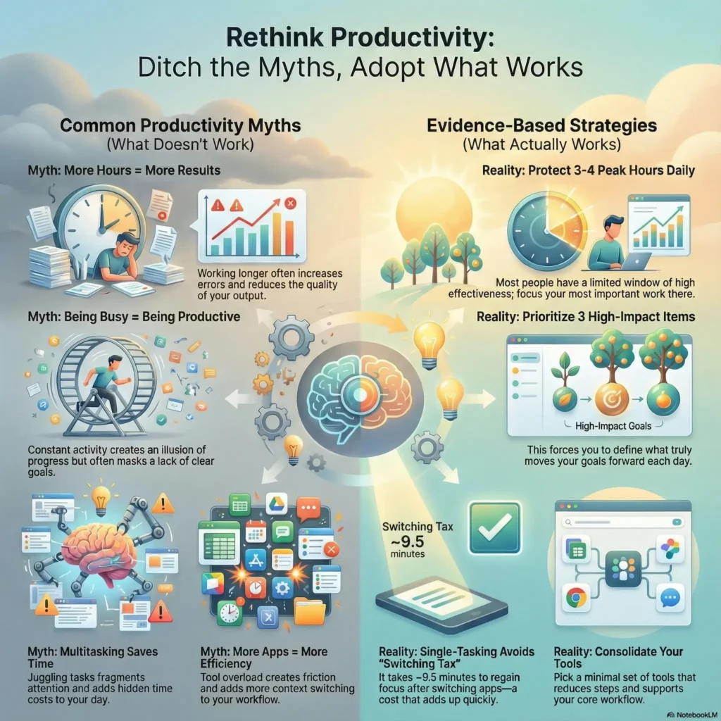 Infographic titled "Rethink Productivity: Ditch the Myths, Adopt What Works" accompanying the SmartKeys guide on productivity myths. The visual contrasts common misconceptions—like equating busyness with productivity or multitasking to save time—with evidence-based strategies. Key insights include protecting 3-4 peak hours daily for high-impact work, prioritizing three major tasks, and single-tasking to avoid the "switching tax" of nearly 9.5 minutes lost per interruption.