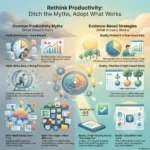 Debunking Productivity Myths: What Works vs. What Just Sounds Good Infographic titled "Rethink Productivity: Ditch the Myths, Adopt What Works" accompanying the SmartKeys guide on productivity myths. The visual contrasts common misconceptions—like equating busyness with productivity or multitasking to save time—with evidence-based strategies. Key insights include protecting 3-4 peak hours daily for high-impact work, prioritizing three major tasks, and single-tasking to avoid the "switching tax" of nearly 9.5 minutes lost per interruption.