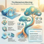 Designing a Productive Morning Routine: Start Each Day with Momentum Infographic titled “The Momentum Morning: Your Blueprint for a Productive Day”. On the left, a section labeled “Guiding Principles” shows icons and text: treat your first hour as an investment, protect your attention by avoiding social media and email for the first 30–60 minutes, and prepare the night before to reduce friction. The center and right highlight “The Core Actions”: sharpen your mind through journaling, meditation, or reading; activate your body with water, light movement, and morning sunlight; and plan your focus by identifying your single most important task and blocking time for deep work. A tree with a glowing lightbulb and calendar symbolizes energized ideas and structured time. At the bottom right, a “Sample Schedule” suggests: 15 minutes to wake, hydrate, and get sunlight; 20 minutes of movement; 15 minutes of “prime mind” (journal or meditate); and 50 minutes for breakfast and getting ready. The overall visual theme is a flowing path from a blueprint to a bright, productive day.