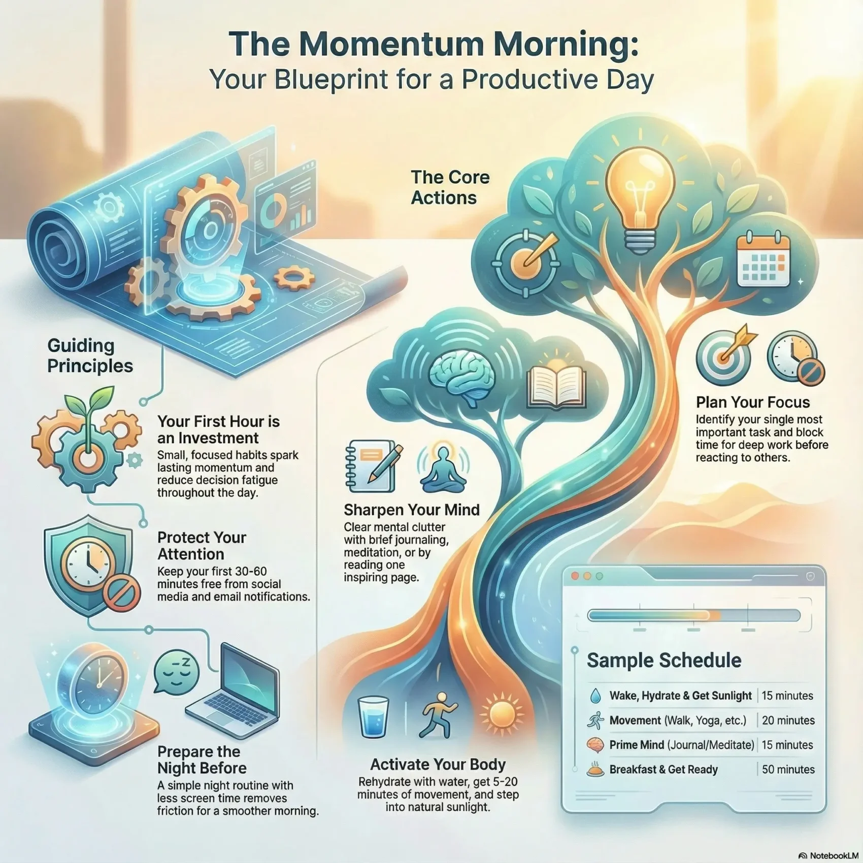 Infographic titled “The Momentum Morning: Your Blueprint for a Productive Day”. On the left, a section labeled “Guiding Principles” shows icons and text: treat your first hour as an investment, protect your attention by avoiding social media and email for the first 30–60 minutes, and prepare the night before to reduce friction. The center and right highlight “The Core Actions”: sharpen your mind through journaling, meditation, or reading; activate your body with water, light movement, and morning sunlight; and plan your focus by identifying your single most important task and blocking time for deep work. A tree with a glowing lightbulb and calendar symbolizes energized ideas and structured time. At the bottom right, a “Sample Schedule” suggests: 15 minutes to wake, hydrate, and get sunlight; 20 minutes of movement; 15 minutes of “prime mind” (journal or meditate); and 50 minutes for breakfast and getting ready. The overall visual theme is a flowing path from a blueprint to a bright, productive day.