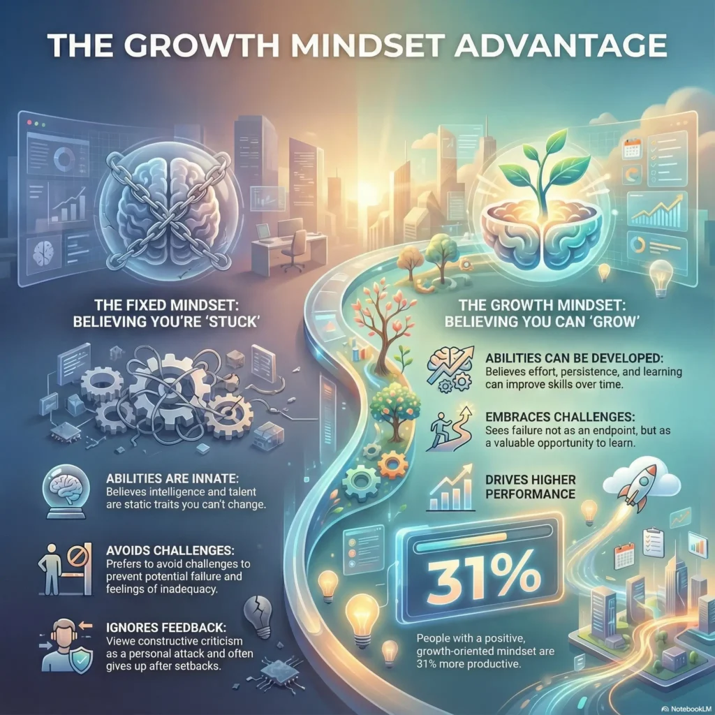 Infographic titled “The Growth Mindset Advantage”. The left side shows a dark city and a brain wrapped in chains, labeled “The fixed mindset: believing you are stuck”. Below are three captions: “Abilities are innate” explaining that intelligence and talent are seen as static, “Avoids challenges” noting a tendency to dodge difficult tasks to avoid failure, and “Ignores feedback” describing how constructive criticism is taken as a personal attack and setbacks lead to giving up. The right side is bright and shows a brain as a seed sprouting green leaves, labeled “The growth mindset: believing you can grow”. Captions explain that abilities can be developed through effort and learning, challenges are embraced as opportunities to learn, and growth mindset drives higher performance. A large lightbulb icon with “31%” indicates that people with a positive growth mindset are 31% more productive. A winding path runs from the fixed side to the growth side, symbolising the journey from stuck to growing.
