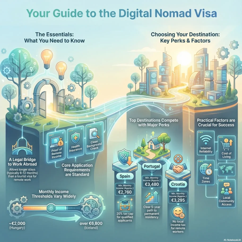 Infographic titled “Your Guide to the Digital Nomad Visa” for the SmartKeys.org article “Digital Nomad Visas: How Countries Are Competing for Remote Workers,” summarizing key requirements and country comparisons for remote workers in 2025–2026. The left side shows a legal bridge to work abroad with icons for proof of remote income, health insurance, and a clean background check, plus a slider illustrating monthly income thresholds from around €2,000 in Hungary to over €6,800 in Iceland. The right side highlights how top destinations like Spain, Portugal, and Croatia compete with perks such as a 20% tax cap, a clear five year path to permanent residency, and no local income tax for digital nomads. Additional panels emphasize practical decision factors including internet reliability, cost of living, time zones, and local community access, framed by a futuristic cityscape and a flowing road that symbolizes choosing your ideal base as a digital nomad.
