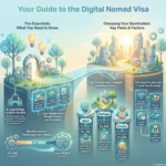 Infographic titled “Your Guide to the Digital Nomad Visa” for the SmartKeys.org article “Digital Nomad Visas: How Countries Are Competing for Remote Workers,” summarizing key requirements and country comparisons for remote workers in 2025–2026. The left side shows a legal bridge to work abroad with icons for proof of remote income, health insurance, and a clean background check, plus a slider illustrating monthly income thresholds from around €2,000 in Hungary to over €6,800 in Iceland. The right side highlights how top destinations like Spain, Portugal, and Croatia compete with perks such as a 20% tax cap, a clear five year path to permanent residency, and no local income tax for digital nomads. Additional panels emphasize practical decision factors including internet reliability, cost of living, time zones, and local community access, framed by a futuristic cityscape and a flowing road that symbolizes choosing your ideal base as a digital nomad.