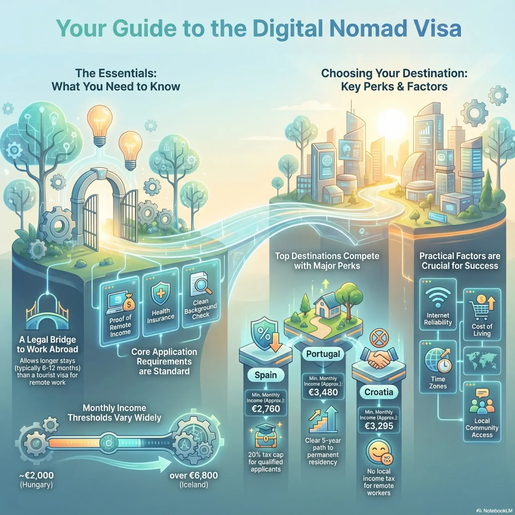 Infographic titled “Your Guide to the Digital Nomad Visa” for the SmartKeys.org article “Digital Nomad Visas: How Countries Are Competing for Remote Workers,” summarizing key requirements and country comparisons for remote workers in 2025–2026. The left side shows a legal bridge to work abroad with icons for proof of remote income, health insurance, and a clean background check, plus a slider illustrating monthly income thresholds from around €2,000 in Hungary to over €6,800 in Iceland. The right side highlights how top destinations like Spain, Portugal, and Croatia compete with perks such as a 20% tax cap, a clear five year path to permanent residency, and no local income tax for digital nomads. Additional panels emphasize practical decision factors including internet reliability, cost of living, time zones, and local community access, framed by a futuristic cityscape and a flowing road that symbolizes choosing your ideal base as a digital nomad.