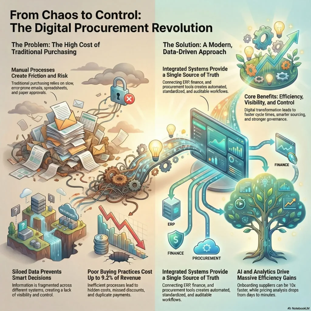 Infographic titled “From Chaos to Control: The Digital Procurement Revolution”. The left side, labeled “The problem: the high cost of traditional purchasing”, shows piles of paper, a broken lock, and a cliff with disconnected systems. Captions explain that manual processes create friction and risk, siloed data prevents smart decisions, and poor buying practices can cost up to 9.2 percent of revenue through missed discounts and duplicate payments. The right side, labeled “The solution: a modern, data driven approach”, shows connected digital screens feeding into a healthy tree of analytics. Text describes integrated ERP, finance, and procurement systems that provide a single source of truth, along with AI and analytics that make supplier onboarding much faster and reduce pricing analysis from days to minutes. A section titled “Core benefits” highlights efficiency, visibility, and control through faster cycle times, smarter sourcing, and stronger governance.
