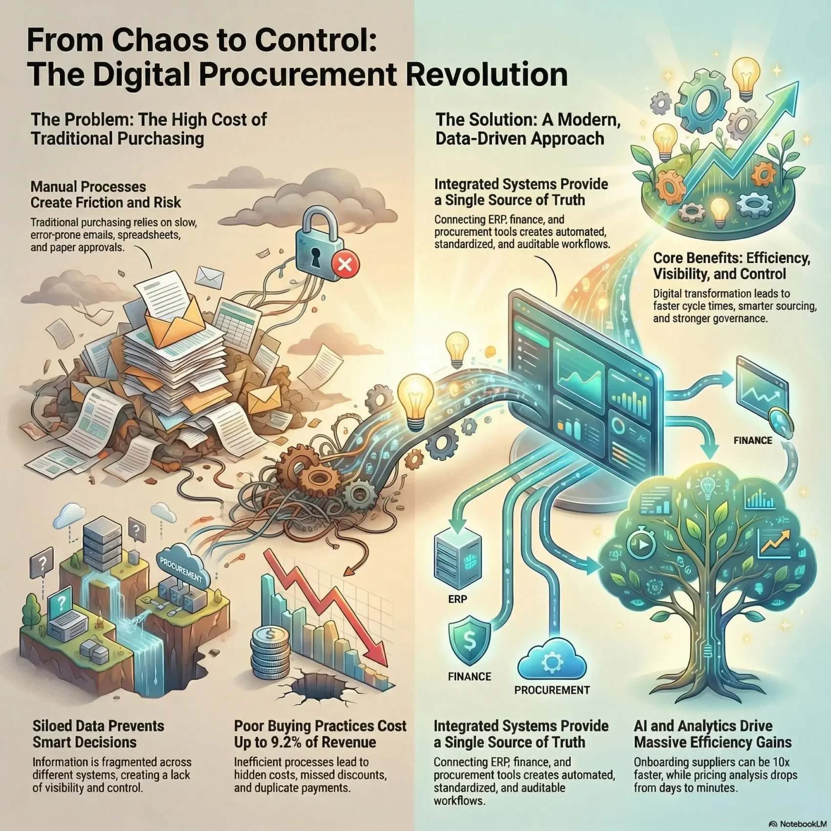 Infographic titled “From Chaos to Control: The Digital Procurement Revolution”. The left side, labeled “The problem: the high cost of traditional purchasing”, shows piles of paper, a broken lock, and a cliff with disconnected systems. Captions explain that manual processes create friction and risk, siloed data prevents smart decisions, and poor buying practices can cost up to 9.2 percent of revenue through missed discounts and duplicate payments. The right side, labeled “The solution: a modern, data driven approach”, shows connected digital screens feeding into a healthy tree of analytics. Text describes integrated ERP, finance, and procurement systems that provide a single source of truth, along with AI and analytics that make supplier onboarding much faster and reduce pricing analysis from days to minutes. A section titled “Core benefits” highlights efficiency, visibility, and control through faster cycle times, smarter sourcing, and stronger governance.