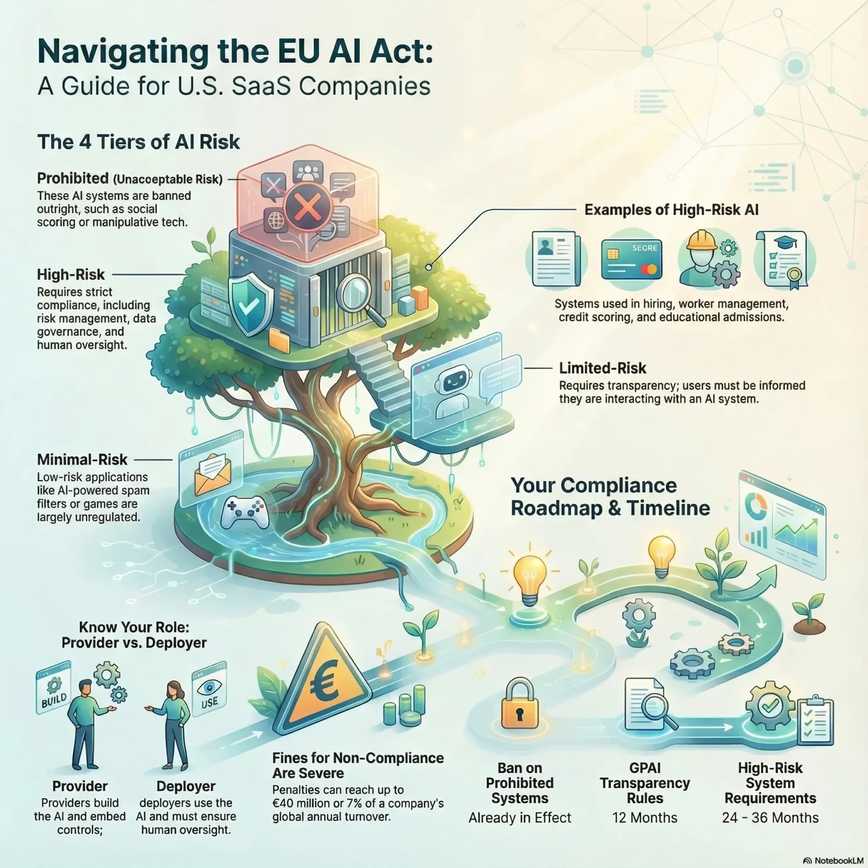 Infographic titled “Navigating the EU AI Act: A Guide for U.S. SaaS Companies”. In the center a stylized tree grows from a tech platform, with a multi level building in its branches that illustrates “The 4 tiers of AI risk”. At the top of the building a red section labeled “Prohibited (Unacceptable Risk)” shows banned AI systems such as social scoring and manipulative tech. Below, a blue section labeled “High-Risk” notes strict requirements for risk management, data governance and human oversight, with nearby icons of hiring, worker management, credit scoring and education to show examples. A green section labeled “Minimal-Risk” shows low-risk applications like spam filters or games that are largely unregulated, while a separate label for “Limited-Risk” explains that users must be told when they interact with AI. Along the bottom a winding compliance path is shown with lightbulbs, charts and icons. Boxes explain that providers build AI and embed controls, deployers use AI and must ensure human oversight, fines for non-compliance can reach €40 million or 7 percent of global annual turnover, bans on prohibited systems already apply, GPAI transparency rules come into force at 12 months and high-risk system requirements follow after 24 to 36 months.