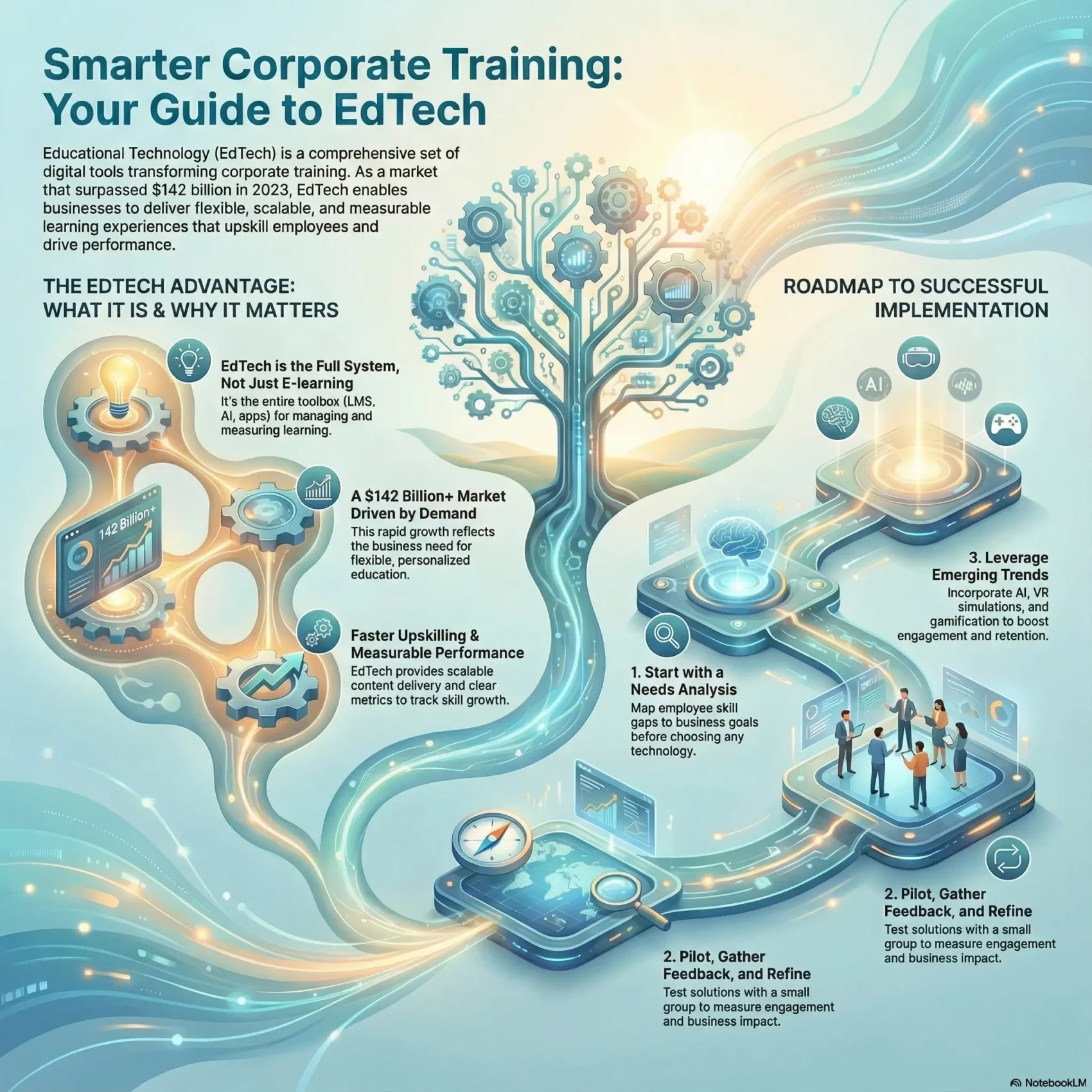 Infographic titled 'Smarter Corporate Training: Your Guide to EdTech' highlighting the $142 billion market. It illustrates the benefits of digital tools for upskilling and outlines a roadmap from needs analysis to leveraging emerging trends like AI and VR.