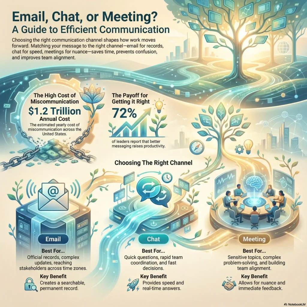Infographic titled "Email, Chat, or Meeting? A Guide to Efficient Communication". The top text explains that choosing the right communication channel shapes how work moves forward, with email for records, chat for speed and meetings for nuance. On the left, a broken chain around a flower and dollar icons illustrate "The high cost of miscommunication" with a figure of 1.2 trillion dollars in annual cost in the United States. On the right, a tree and lightbulb graphic show "The payoff for getting it right" with 72% of leaders reporting that better messaging raises productivity. The bottom section, labeled "Choosing the right channel", has three platforms. The email block shows an envelope icon and says email is best for official records, complex updates and reaching stakeholders across time zones, with the key benefit of a searchable permanent record. The chat block has arrows in a circle and notes that chat is best for quick questions, rapid team coordination and fast decisions, providing speed and real time answers. The meeting block shows people around a table and states that meetings are best for sensitive topics, complex problem solving and building team alignment, with the key benefit of nuance and immediate feedback. Curved paths and tree imagery connect the three channels to the overall theme of healthy communication growth.