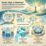 Infographic titled "Email, Chat, or Meeting? A Guide to Efficient Communication". The top text explains that choosing the right communication channel shapes how work moves forward, with email for records, chat for speed and meetings for nuance. On the left, a broken chain around a flower and dollar icons illustrate "The high cost of miscommunication" with a figure of 1.2 trillion dollars in annual cost in the United States. On the right, a tree and lightbulb graphic show "The payoff for getting it right" with 72% of leaders reporting that better messaging raises productivity. The bottom section, labeled "Choosing the right channel", has three platforms. The email block shows an envelope icon and says email is best for official records, complex updates and reaching stakeholders across time zones, with the key benefit of a searchable permanent record. The chat block has arrows in a circle and notes that chat is best for quick questions, rapid team coordination and fast decisions, providing speed and real time answers. The meeting block shows people around a table and states that meetings are best for sensitive topics, complex problem solving and building team alignment, with the key benefit of nuance and immediate feedback. Curved paths and tree imagery connect the three channels to the overall theme of healthy communication growth.