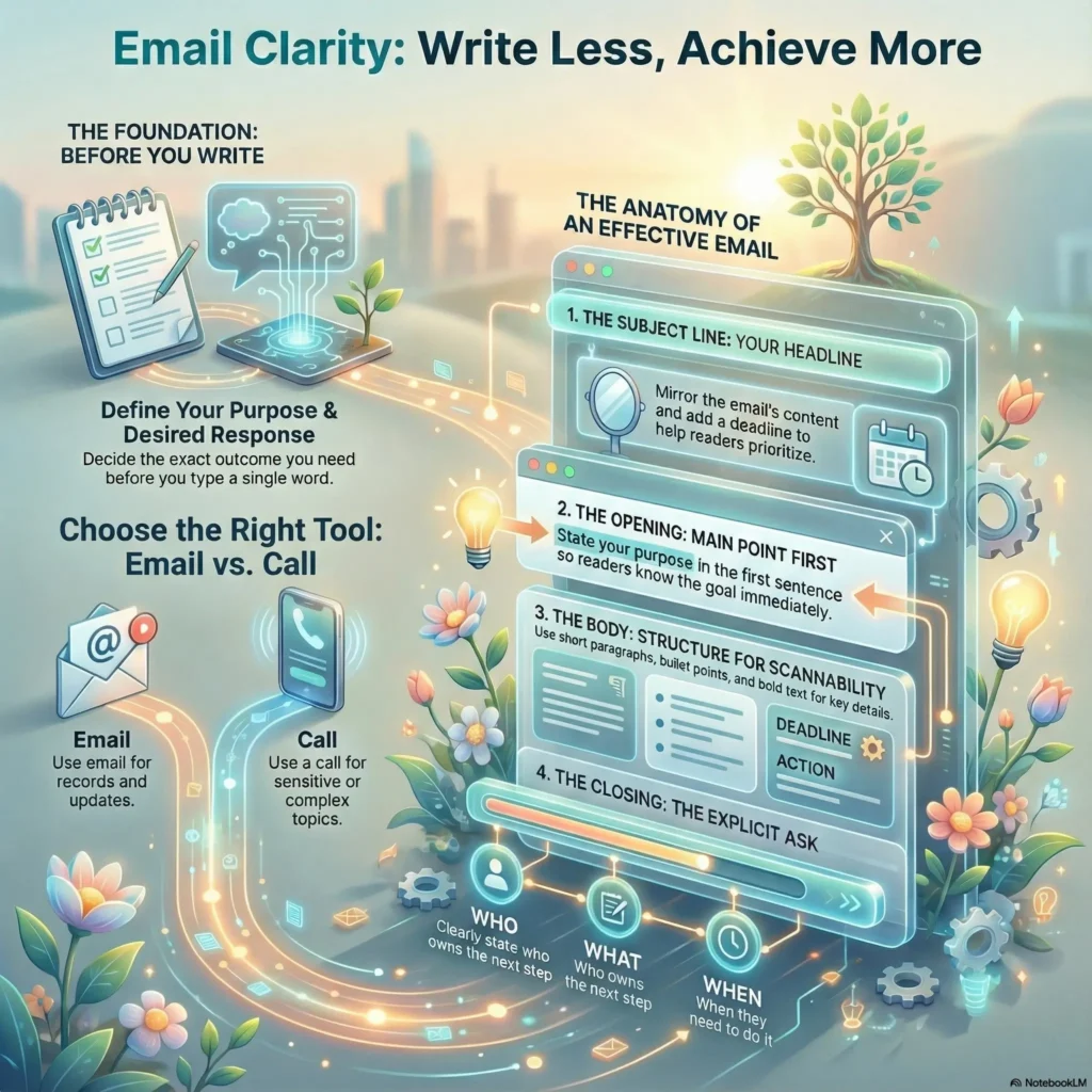 Infographic titled “Email Clarity: Write Less, Achieve More”. On the left, under “The foundation: before you write”, a notepad and tablet illustrate the advice to define your purpose and desired response before typing. Another section, “Choose the right tool: email vs. call”, shows icons for an email symbol (use email for records and updates) and a phone (use calls for sensitive or complex topics). On the right, “The anatomy of an effective email” is laid out as a layered email window. Step 1: the subject line is your headline, mirroring the email’s content and including a deadline. Step 2: the opening should state the main point first so readers immediately know the goal. Step 3: the body is structured for scannability using short paragraphs, bullet points, and bold text for key details like deadlines and actions. Step 4: the closing contains an explicit ask. Along the bottom, three icons labeled “WHO”, “WHAT”, and “WHEN” emphasize clearly stating who owns the next step, what they must do, and by when. Decorative trees, lightbulbs, and flowing digital paths connect the sections, symbolizing clear, efficient communication.
