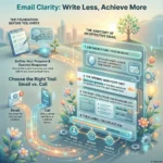 Infographic titled “Email Clarity: Write Less, Achieve More”. On the left, under “The foundation: before you write”, a notepad and tablet illustrate the advice to define your purpose and desired response before typing. Another section, “Choose the right tool: email vs. call”, shows icons for an email symbol (use email for records and updates) and a phone (use calls for sensitive or complex topics). On the right, “The anatomy of an effective email” is laid out as a layered email window. Step 1: the subject line is your headline, mirroring the email’s content and including a deadline. Step 2: the opening should state the main point first so readers immediately know the goal. Step 3: the body is structured for scannability using short paragraphs, bullet points, and bold text for key details like deadlines and actions. Step 4: the closing contains an explicit ask. Along the bottom, three icons labeled “WHO”, “WHAT”, and “WHEN” emphasize clearly stating who owns the next step, what they must do, and by when. Decorative trees, lightbulbs, and flowing digital paths connect the sections, symbolizing clear, efficient communication.