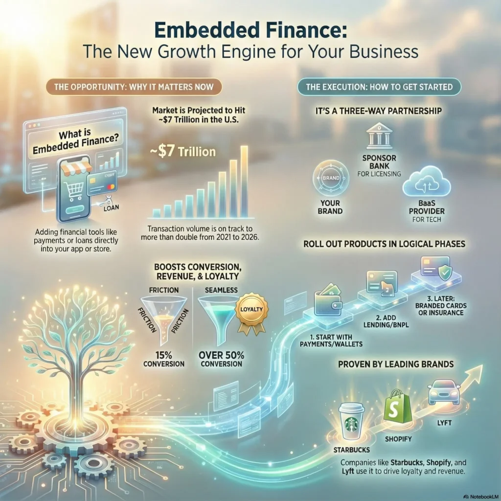 Infographic titled “Embedded Finance: The New Growth Engine for Your Business”. The left side, labeled “The opportunity: why it matters now”, defines embedded finance as adding financial tools like payments or loans directly into an app or store. A bar chart shows US transaction volume for embedded finance projected to reach about 7 trillion dollars and more than double from 2021 to 2026. A tree growing from a circuit board represents higher conversion, revenue and loyalty, with icons comparing a friction filled 15% conversion funnel versus a seamless experience with over 50% conversion. The right side, labeled “The execution: how to get started”, shows a three way partnership between “your brand”, a sponsor bank for licensing and a BaaS provider for technology. A winding path illustrates phased rollout steps: start with payments or wallets, add lending or BNPL, and later explore branded cards or insurance. Logos of Starbucks, Shopify and Lyft at the bottom highlight leading brands already using embedded finance to drive loyalty and revenue.