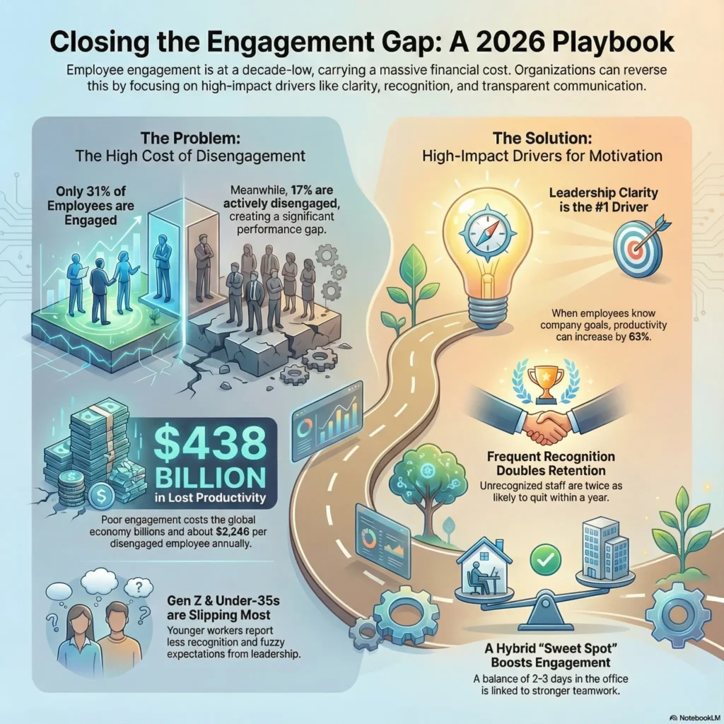 Illustrated infographic titled “Closing the Engagement Gap: A 2026 Playbook” for the SmartKeys.org article “Employee Engagement Trends 2026: Fostering a Motivated Workforce.” The left side visualizes the high cost of disengagement with only 31% of employees engaged, 17% actively disengaged, and a highlighted figure of 438 billion dollars in lost productivity alongside stacks of money and unhappy workers. A callout shows Gen Z and under 35 employees slipping most, with confused avatars and declining charts. The right side shows the solution with a glowing lightbulb for leadership clarity as the top driver, a handshake and trophy illustrating how frequent recognition doubles retention, and a balanced scale linking hybrid work of 2 to 3 days in the office with stronger engagement. A winding road and growth icons reinforce the shift from disengaged teams to a motivated, high performing workforce in 2026.