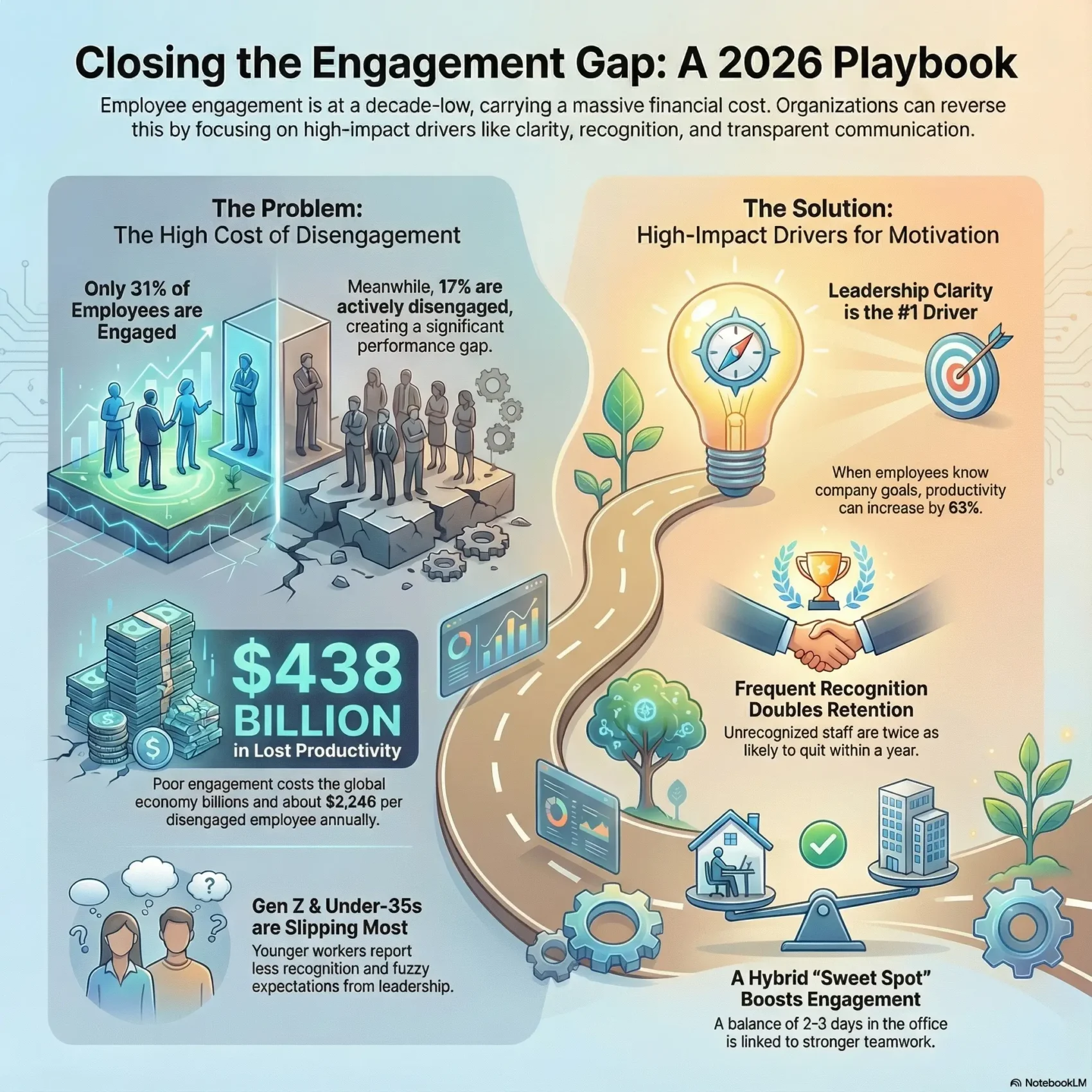 Illustrated infographic titled “Closing the Engagement Gap: A 2026 Playbook” for the SmartKeys.org article “Employee Engagement Trends 2026: Fostering a Motivated Workforce.” The left side visualizes the high cost of disengagement with only 31% of employees engaged, 17% actively disengaged, and a highlighted figure of 438 billion dollars in lost productivity alongside stacks of money and unhappy workers. A callout shows Gen Z and under 35 employees slipping most, with confused avatars and declining charts. The right side shows the solution with a glowing lightbulb for leadership clarity as the top driver, a handshake and trophy illustrating how frequent recognition doubles retention, and a balanced scale linking hybrid work of 2 to 3 days in the office with stronger engagement. A winding road and growth icons reinforce the shift from disengaged teams to a motivated, high performing workforce in 2026.