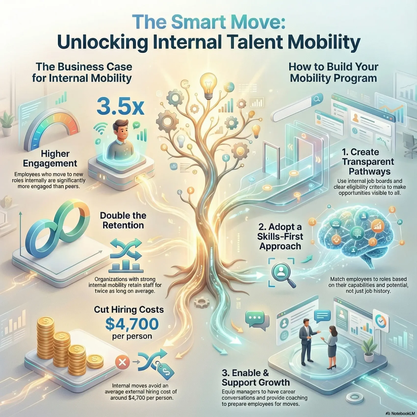 Infographic titled “The Smart Move: Unlocking Internal Talent Mobility”. On the left, under “The business case for internal mobility”, icons and charts show that employees who move to new internal roles have higher engagement, organizations with strong mobility can double retention, and internal moves cut average hiring costs by about $4,700 per person. In the center, a golden tree with gears and pathways symbolizes career growth. On the right, under “How to build your mobility program”, three steps are listed: 1) Create transparent pathways using internal job boards and clear criteria, 2) Adopt a skills first approach by matching employees to roles based on capabilities and potential, and 3) Enable and support growth by coaching employees and preparing them for moves. The overall message is that structured internal mobility improves engagement, retention, and cost efficiency.
