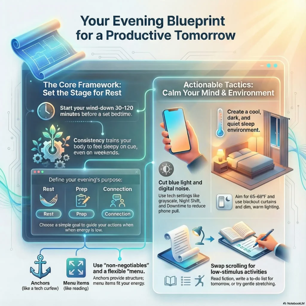 Infographic titled “Your Evening Blueprint for a Productive Tomorrow”. On the left, a panel called “The core framework: set the stage for rest” explains that you should start winding down 30 to 120 minutes before a set bedtime and that consistency helps the body feel sleepy on cue. A window graphic lets you choose an evening purpose such as Rest, Prep, or Connection. At the bottom left, icons show the idea of anchors, like a tech curfew, and a flexible menu of activities, such as reading, that you can pick based on your energy. On the right, under “Actionable tactics: calm your mind and environment”, a hand holding a phone illustrates cutting blue light and digital noise with settings like grayscale, Night Shift, and Downtime. A bedroom image shows a cool, dark, quiet sleep environment with blackout curtains and warm dim lighting, and text suggests aiming for about 65 to 68 degrees Fahrenheit. Another graphic shows an open book and a notepad, encouraging people to swap scrolling for low stimulus activities such as reading fiction, writing a to do list for tomorrow, or gentle stretching. The overall theme is that a structured but flexible evening routine supports better rest and higher productivity the next day.
