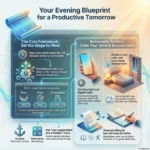 Infographic titled “Your Evening Blueprint for a Productive Tomorrow”. On the left, a panel called “The core framework: set the stage for rest” explains that you should start winding down 30 to 120 minutes before a set bedtime and that consistency helps the body feel sleepy on cue. A window graphic lets you choose an evening purpose such as Rest, Prep, or Connection. At the bottom left, icons show the idea of anchors, like a tech curfew, and a flexible menu of activities, such as reading, that you can pick based on your energy. On the right, under “Actionable tactics: calm your mind and environment”, a hand holding a phone illustrates cutting blue light and digital noise with settings like grayscale, Night Shift, and Downtime. A bedroom image shows a cool, dark, quiet sleep environment with blackout curtains and warm dim lighting, and text suggests aiming for about 65 to 68 degrees Fahrenheit. Another graphic shows an open book and a notepad, encouraging people to swap scrolling for low stimulus activities such as reading fiction, writing a to do list for tomorrow, or gentle stretching. The overall theme is that a structured but flexible evening routine supports better rest and higher productivity the next day.