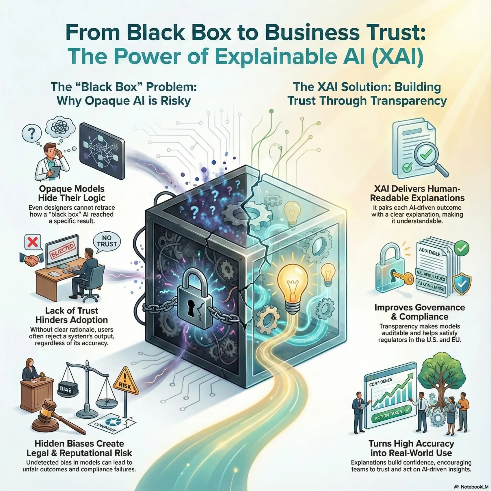 Infographic titled “From Black Box to Business Trust: The Power of Explainable AI (XAI)”. In the center there is a dark locked cube representing a black box model. On the left, under the heading “The Black Box Problem: Why Opaque AI is Risky”, icons show a confused designer, a rejected decision at a desk, and a courtroom scale. Captions explain that opaque models hide their logic, lack of trust hinders adoption, and hidden biases create legal and reputational risk. On the right, under “The XAI Solution: Building Trust Through Transparency”, a glowing lightbulb and open lock represent transparency. Sections describe how XAI delivers human readable explanations for each AI outcome, improves governance and compliance by making models auditable, and turns high accuracy into real world use by giving teams confidence to act on AI driven insights. A path of light flows from the dark box to a scene of business people looking at a chart labeled “confidence” and “action taken”.