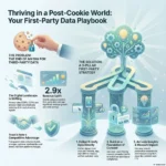 Infographic titled “Thriving in a Post Cookie World: Your First Party Data Playbook”. On the left, a large bitten cookie represents the end of third party data, with text explaining that the digital landscape is shifting due to privacy laws like GDPR and CCPA and browser limits. Icons show a browser window, a handshake for trust as a competitive advantage, and a shield for safer data practices. In the center and right, a glowing three pillar structure grows into a tree of light bulbs and gears, labeled as a three pillar first party strategy. The three pillars are: 1) Collect and unify data directly from your website, app, and CRM; 2) Build on a foundation of consent with clear, user friendly consent management; 3) Activate insights and measure impact by using first party data to personalize experiences and track long term value such as retention and LTV.