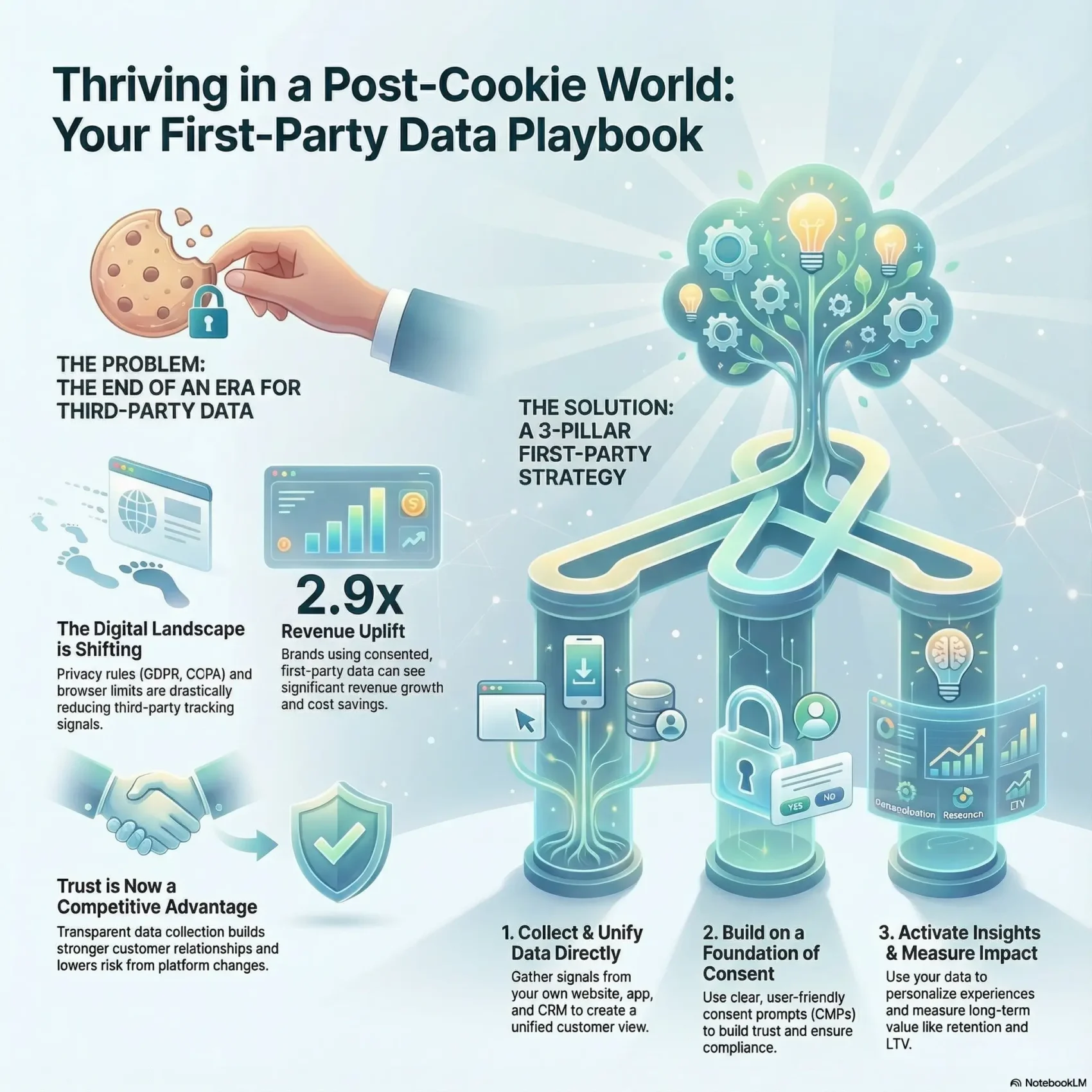 Infographic titled “Thriving in a Post Cookie World: Your First Party Data Playbook”. On the left, a large bitten cookie represents the end of third party data, with text explaining that the digital landscape is shifting due to privacy laws like GDPR and CCPA and browser limits. Icons show a browser window, a handshake for trust as a competitive advantage, and a shield for safer data practices. In the center and right, a glowing three pillar structure grows into a tree of light bulbs and gears, labeled as a three pillar first party strategy. The three pillars are: 1) Collect and unify data directly from your website, app, and CRM; 2) Build on a foundation of consent with clear, user friendly consent management; 3) Activate insights and measure impact by using first party data to personalize experiences and track long term value such as retention and LTV.