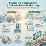 Using Focus Sprints to Maximize Productivity Infographic titled “Master the Focus Sprint: A Guide to Peak Productivity”. At the top, a subtitle explains that focus sprints are short, intense bursts of concentrated work followed by brief breaks to reduce distractions and use brain cycles efficiently. The left side, labeled “The Science: Why Sprints Work”, shows illustrations of a brain, a battery, and a clock. Captions explain that the brain works best in ultradian rhythms of 80 to 120 minutes, that strategic 20 to 30 minute breaks are crucial for recovery, and that a popular method is the Pomodoro Technique with 25 minute focus sessions and 5 minute breaks. The right side, labeled “The Method: How to Run a Successful Sprint”, includes icons of a goal on a screen, a calendar, and a computer protected by a shield. Text describes three steps: set specific clear goals for the sprint, establish a dedicated timeframe of about two weeks, and minimize distractions by turning off notifications and creating a focused workspace.
