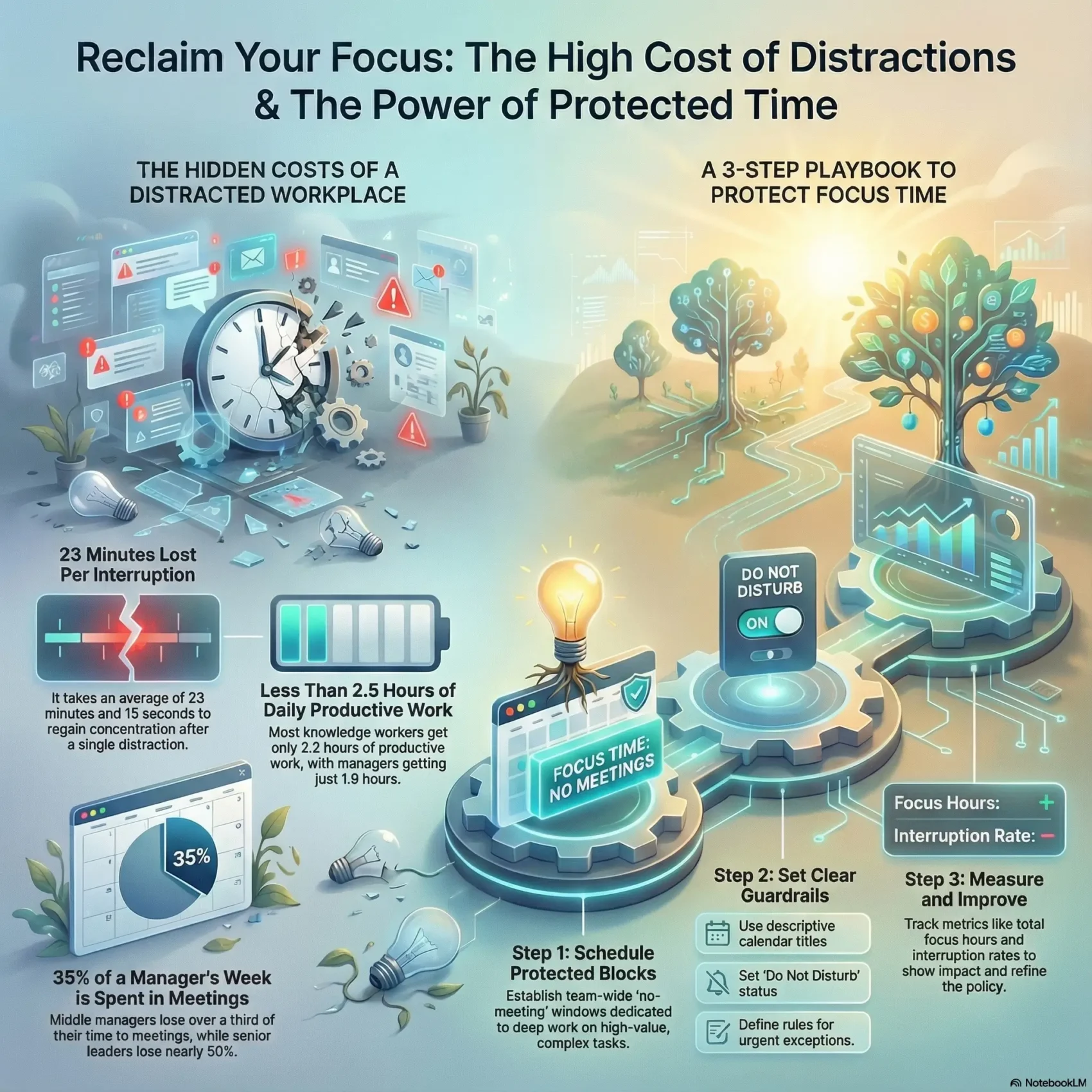 Infographic titled “Reclaim Your Focus: The High Cost of Distractions & The Power of Protected Time”. The left side, labeled “The hidden costs of a distracted workplace”, shows a chaotic desk with notifications and alerts flying around a clock. Text boxes highlight that it takes about 23 minutes to regain concentration after each interruption, most knowledge workers get less than 2.5 hours of true productive work daily (managers even less), and 35% of a manager’s week is spent in meetings. The right side, titled “A 3 step playbook to protect focus time”, shows a calm, bright landscape with a lightbulb and trees growing from gears. Step 1 is “Schedule protected blocks” with a “Focus time – No meetings” sign. Step 2 is “Set clear guardrails”, suggesting descriptive calendar titles, Do Not Disturb status, and rules for urgent exceptions. Step 3 is “Measure and improve”, tracking metrics such as total focus hours and interruption rate on a dashboard. A tree with coins and an upward graph symbolizes the benefits of protected focus time.