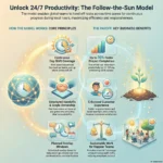 Follow-The-Sun Scheduling: Maximizing Productivity Across Time Zones Infographic on the follow-the-sun model: day-shift coverage, structured handoffs, overlap windows and claimed benefits.