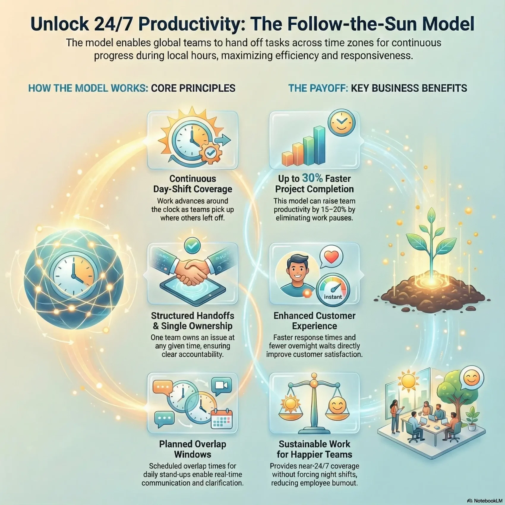 Infographic titled “Unlock 24/7 Productivity: The Follow-the-Sun Model”. At the top it explains that global teams can hand off tasks across time zones so work progresses during local hours. The left side, “How the model works: core principles”, shows icons for continuous day-shift coverage (a clock with sun and moon), structured handoffs and single ownership (two hands shaking over a document), and planned overlap windows (a calendar with chat bubbles) to enable daily stand-ups and real-time clarification. The right side, “The payoff: key business benefits”, illustrates up to 30% faster project completion with a rising bar chart, enhanced customer experience with a smiling customer and response gauge, and sustainable work for happier teams with a balanced scale and a bright office scene under the sun. A glowing path connects all elements, symbolizing work moving smoothly around the globe.
