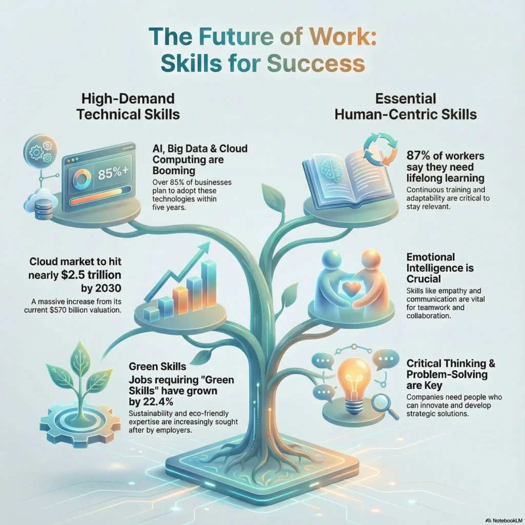 Infographic titled "The Future of Work: Skills for Success" by SmartKeys.org, illustrating a tree branching into high-demand technical skills and essential human-centric skills. Key statistics include the cloud computing market hitting $2.5 trillion by 2030, a 22.4% growth in green skills jobs, and 85% of businesses adopting AI. The graphic also highlights the necessity of emotional intelligence, critical thinking, and lifelong learning, with 87% of workers acknowledging the need for continuous training.