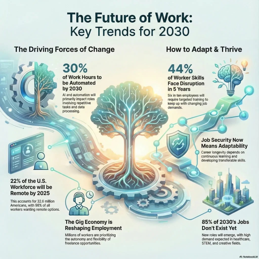 Infographic titled The Future of Work: Key Trends for 2030 visualizing driving forces like automation of 30% of work hours and the rise of the gig economy. It emphasizes adaptation strategies, noting that 44% of worker skills face disruption and 85% of the jobs in 2030 do not exist yet.