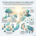 Infographic titled 'The Future of Business Analytics: From Insight to Action' illustrating the shift to AI-driven, prescriptive decision-making. It highlights a projected $132.9B market by 2026 and outlines a roadmap involving real-time edge analytics, data democratization, and governance frameworks like AI TRISM.