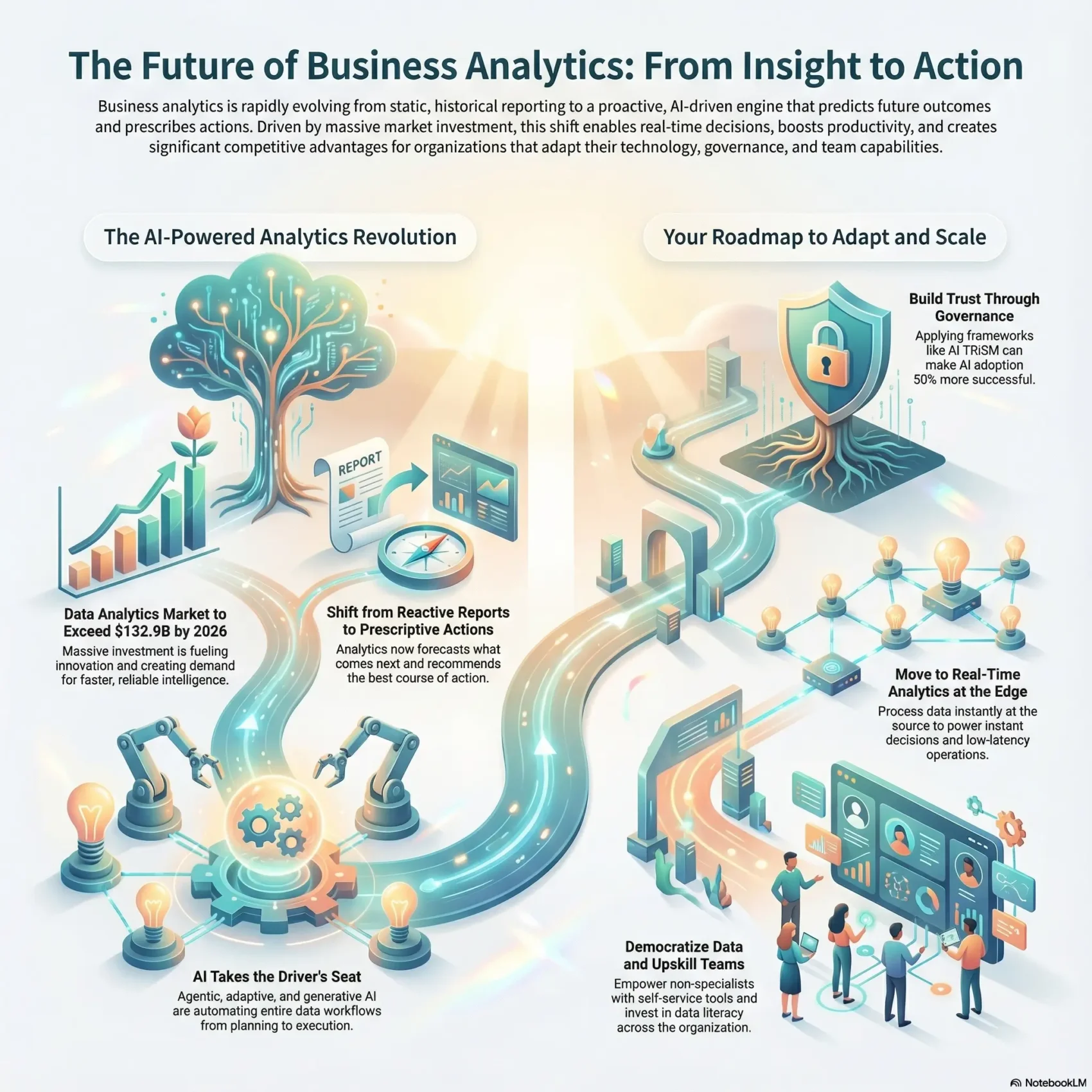 Infographic titled 'The Future of Business Analytics: From Insight to Action' illustrating the shift to AI-driven, prescriptive decision-making. It highlights a projected $132.9B market by 2026 and outlines a roadmap involving real-time edge analytics, data democratization, and governance frameworks like AI TRISM.