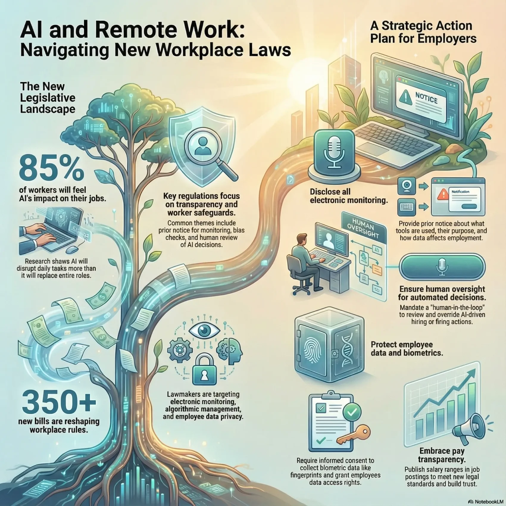Infographic titled “AI and Remote Work: Navigating New Workplace Laws”. On the left, under “The New Legislative Landscape”, a large tree with digital roots shows statistics that most workers will feel AI’s impact on their jobs and that hundreds of new bills are reshaping workplace rules. Icons highlight research on AI disrupting daily tasks, lawmakers targeting electronic monitoring, algorithmic management, and employee data privacy, and new regulations focused on transparency, bias checks, and human review of AI decisions. On the right, under “A Strategic Action Plan for Employers”, a laptop with a legal notice, a microphone, and various icons illustrate concrete steps: disclose all electronic monitoring and explain what tools are used; ensure human oversight for automated decisions like AI based hiring and firing; protect employee data and biometrics through informed consent and access rights; and embrace pay transparency by publishing salary ranges to meet new legal standards and build trust. A flowing path connects the regulatory tree on the left to responsible workplace practices on the right.