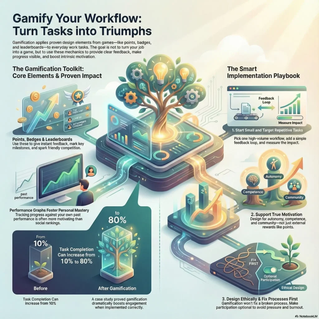 Infographic titled 'Gamify Your Workflow: Turn Tasks into Triumphs' illustrating how to use game elements like points, badges, and leaderboards to boost productivity. It highlights a case study showing a task completion increase from 10% to 80% and outlines a 3-step playbook to support intrinsic motivation through autonomy, competence, and community.