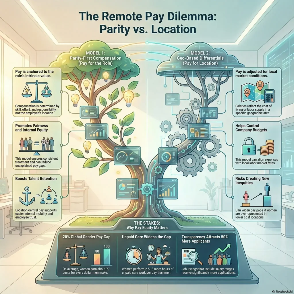 Infographic titled "The Remote Pay Dilemma: Parity vs. Location" accompanying the SmartKeys guide on global pay parity. The visual compares two compensation models: "Parity-First Compensation" (paying for the role to boost retention and fairness) versus "Geo-Based Differentials" (paying based on location to control budgets). It also highlights the stakes of pay equity, noting a 20% global gender pay gap and the fact that transparent job listings attract 50% more applicants.