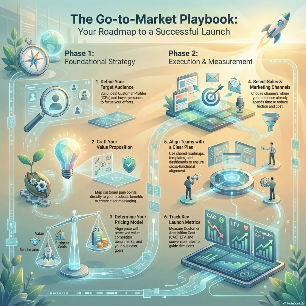 Infographic titled 'The Go-to-Market Playbook: Your Roadmap to a Successful Launch' visualizing a 6-step strategy split into foundational strategy and execution phases. It details key actions like defining target audiences, crafting value propositions, selecting sales channels, and tracking launch metrics such as Customer Acquisition Cost (CAC) and Lifetime Value (LTV).