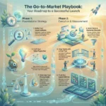 Go-to-Market Strategy Playbook for Successful Launches and Beyond Infographic titled 'The Go-to-Market Playbook: Your Roadmap to a Successful Launch' visualizing a 6-step strategy split into foundational strategy and execution phases. It details key actions like defining target audiences, crafting value propositions, selecting sales channels, and tracking launch metrics such as Customer Acquisition Cost (CAC) and Lifetime Value (LTV).