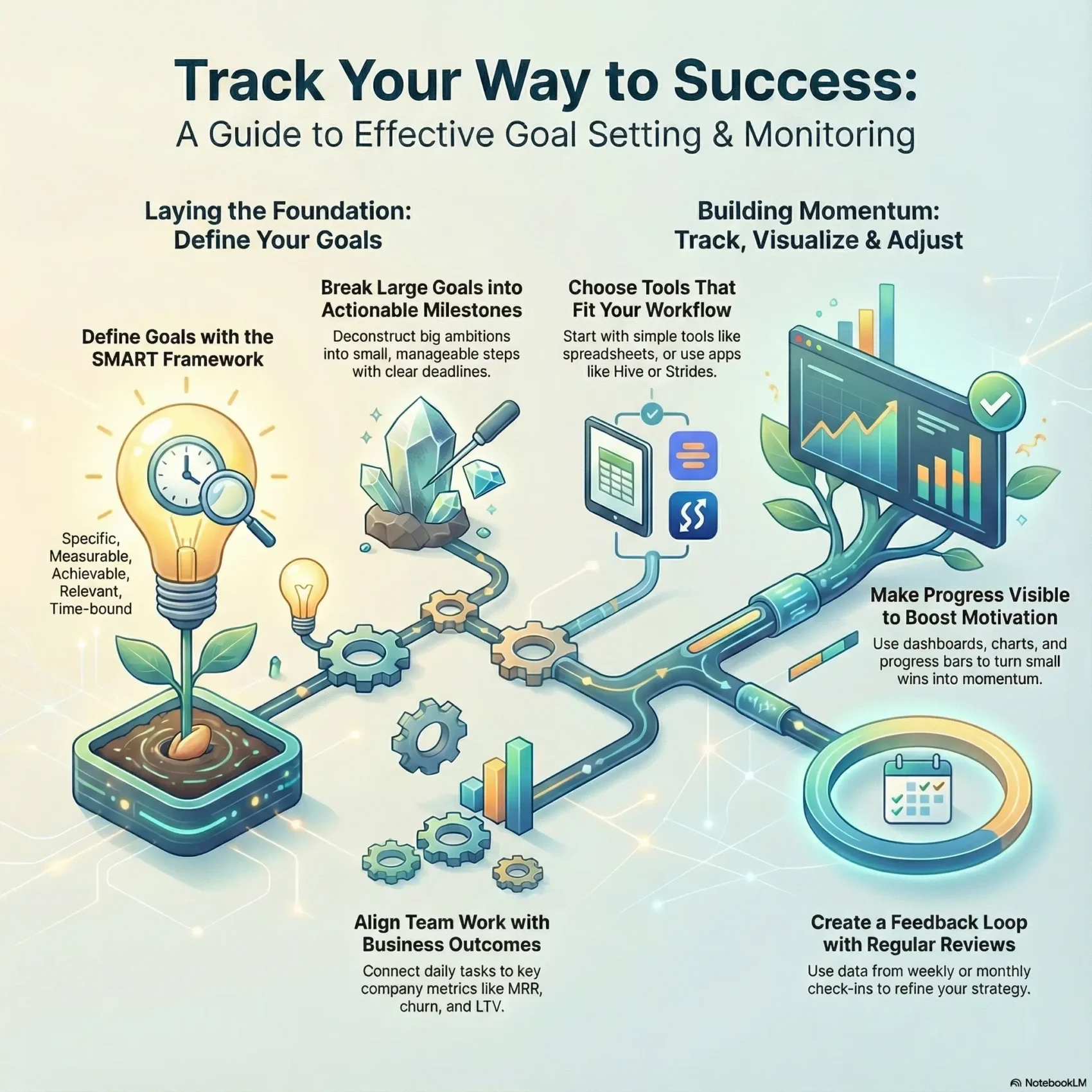 Illustrated infographic titled “Track Your Way to Success: A Guide to Effective Goal Setting and Monitoring,” created for the SmartKeys.org article “Goal Tracking Template: Monitor Progress and Stay Accountable Over Time.” It shows a glowing lightbulb and plant representing SMART goals that are specific, measurable, achievable, relevant, and time bound, feeding into gears and milestones that break large goals into actionable steps aligned with business outcomes. On the right, a data dashboard, app icons, and charts illustrate choosing the right tracking tools, making progress visible with metrics, and turning small wins into momentum. A circular feedback loop graphic emphasizes regular reviews and adjustments so teams can refine strategy and stay accountable over time.