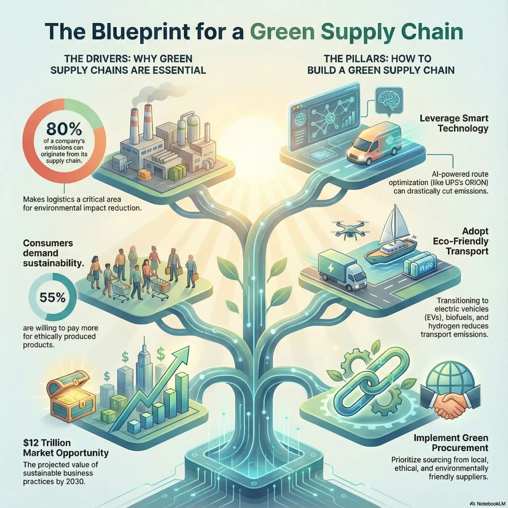 Infographic titled The Blueprint for a Green Supply Chain detailing drivers like the $12 trillion market opportunity. It illustrates pillars for success, including leveraging smart technology for route optimization, adopting eco-friendly transport like EVs, and implementing green procurement strategies.
