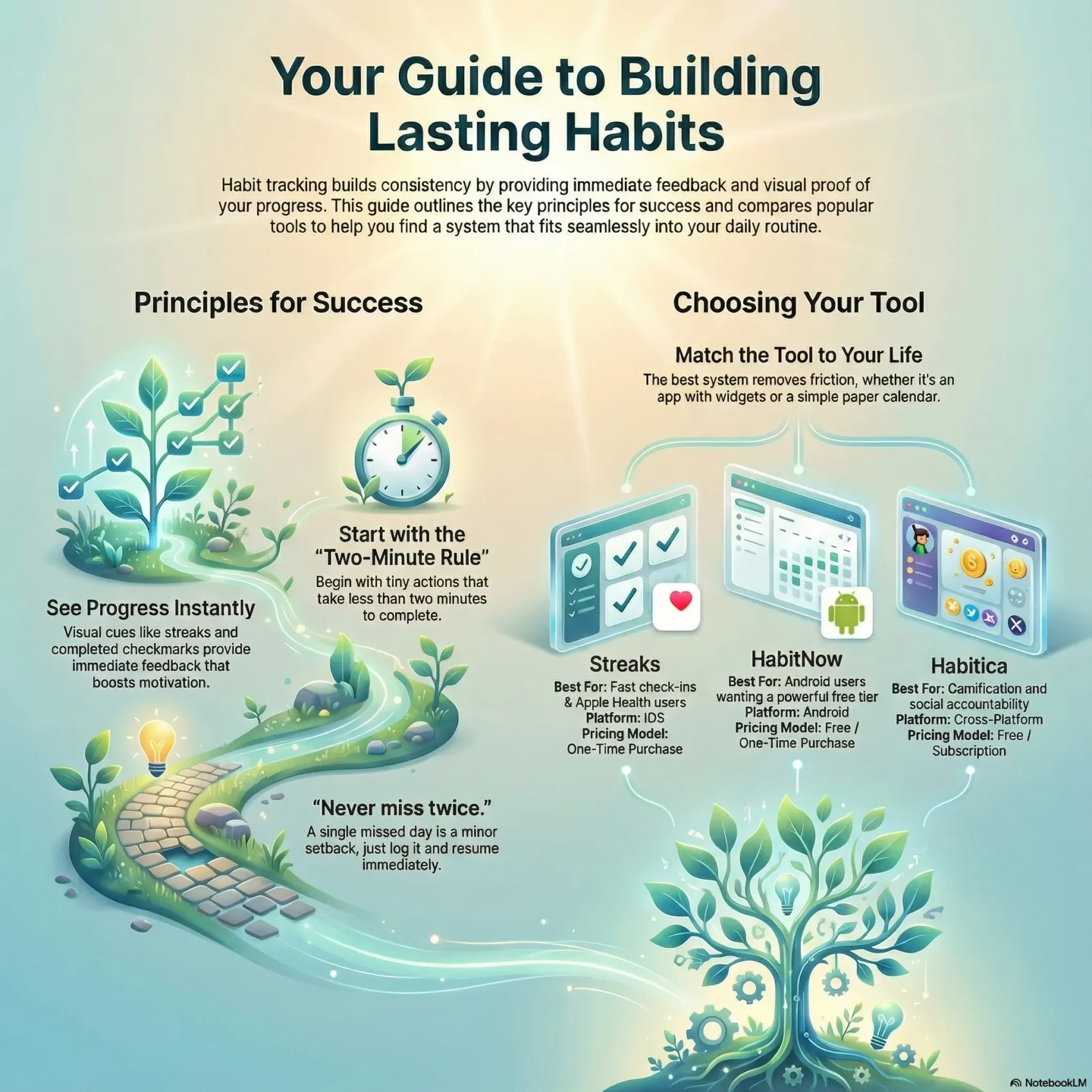 Infographic titled “Your Guide to Building Lasting Habits”. A path lined with plants and checkmarks illustrates “Principles for Success”. On the left, “See Progress Instantly” explains that visual cues like streaks and completed checkmarks boost motivation. In the center, a clock icon highlights “Start with the ‘Two-Minute Rule’” by beginning with actions that take less than two minutes. Further along the path, text reads “Never miss twice”, noting that a missed day is a minor setback if you log it and resume immediately. On the right, in the “Choosing Your Tool” section, a tree with app icons branches up to three habit tracker options. Streaks is described as best for fast check-ins and Apple Health users (iOS, one-time purchase). HabitNow is for Android users wanting a powerful free tier (Android, free / one-time purchase). Habitica is positioned as best for gamification and social accountability (cross-platform, free / subscription). A note at the top says to match the tool to your life so it fits seamlessly into your daily routine.