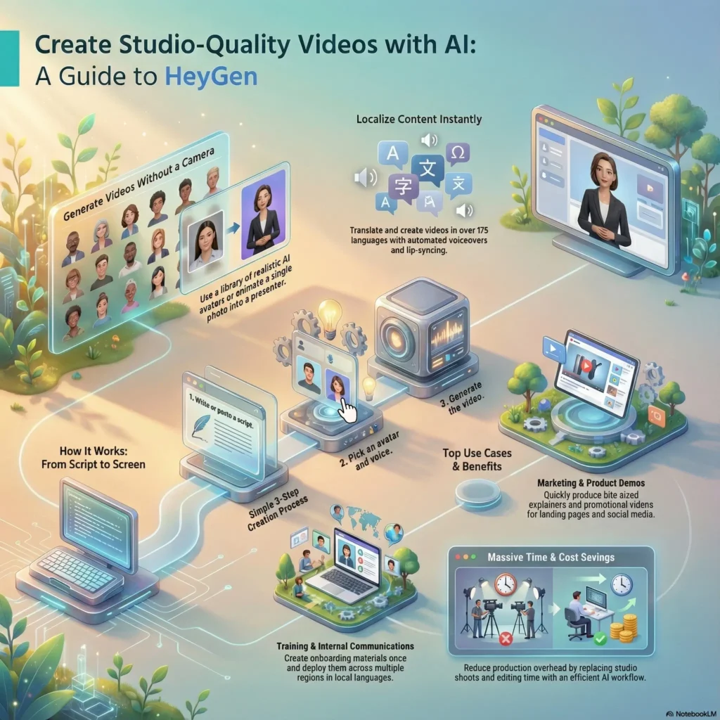 Infographic titled 'Create Studio-Quality Videos with AI: A Guide to HeyGen' illustrating the simple 3-step process to generate professional videos from scripts without a camera. It highlights key features like realistic AI avatars, instant content localization in over 175 languages, and massive time and cost savings for marketing and training compared to traditional studio shoots.