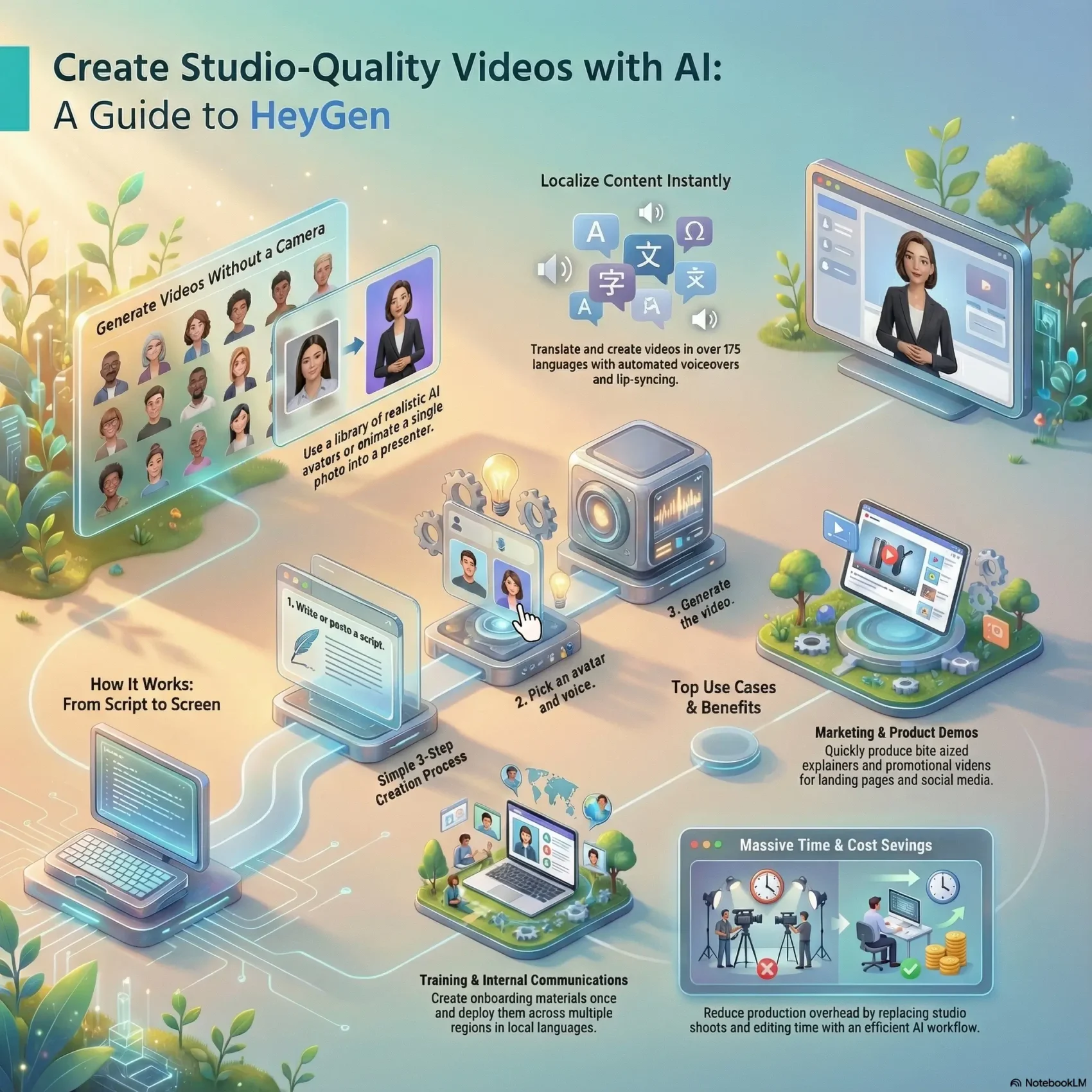 Infographic titled 'Create Studio-Quality Videos with AI: A Guide to HeyGen' illustrating the simple 3-step process to generate professional videos from scripts without a camera. It highlights key features like realistic AI avatars, instant content localization in over 175 languages, and massive time and cost savings for marketing and training compared to traditional studio shoots.