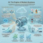 How AI is Transforming Business Operations Infographic titled AI: The Engine of Modern Business detailing the core benefits of adoption, such as boosted efficiency and data-driven decisions. It highlights that 80% of businesses view AI as critical for competitive advantage, leading to reported revenue growth of 63% and a 37% reduction in operational costs.