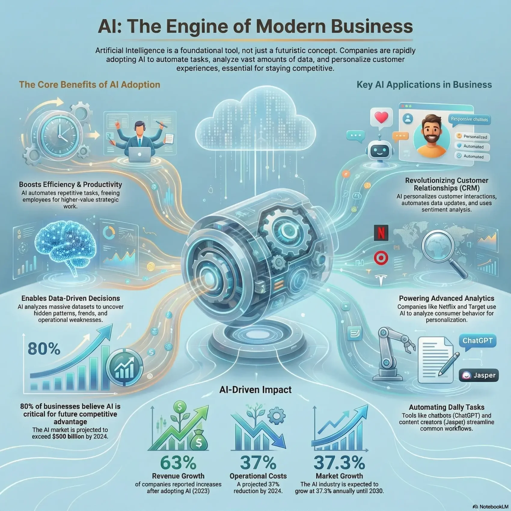 Infographic titled AI: The Engine of Modern Business detailing the core benefits of adoption, such as boosted efficiency and data-driven decisions. It highlights that 80% of businesses view AI as critical for competitive advantage, leading to reported revenue growth of 63% and a 37% reduction in operational costs.
