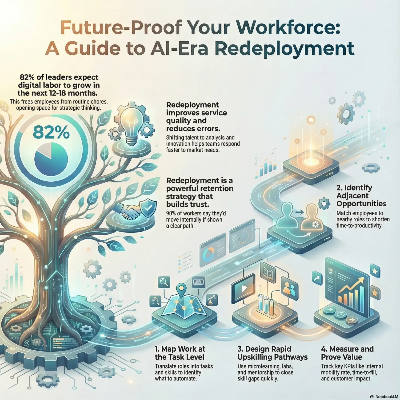 Infographic titled “Future-Proof Your Workforce: A Guide to AI-Era Redeployment”. On the left a technology tree shows stats about digital labor growth and benefits of redeployment, such as fewer errors and stronger retention. On the right a four step roadmap with icons explains how to map work at the task level, identify adjacent opportunities, design rapid upskilling pathways, and measure value with KPIs.