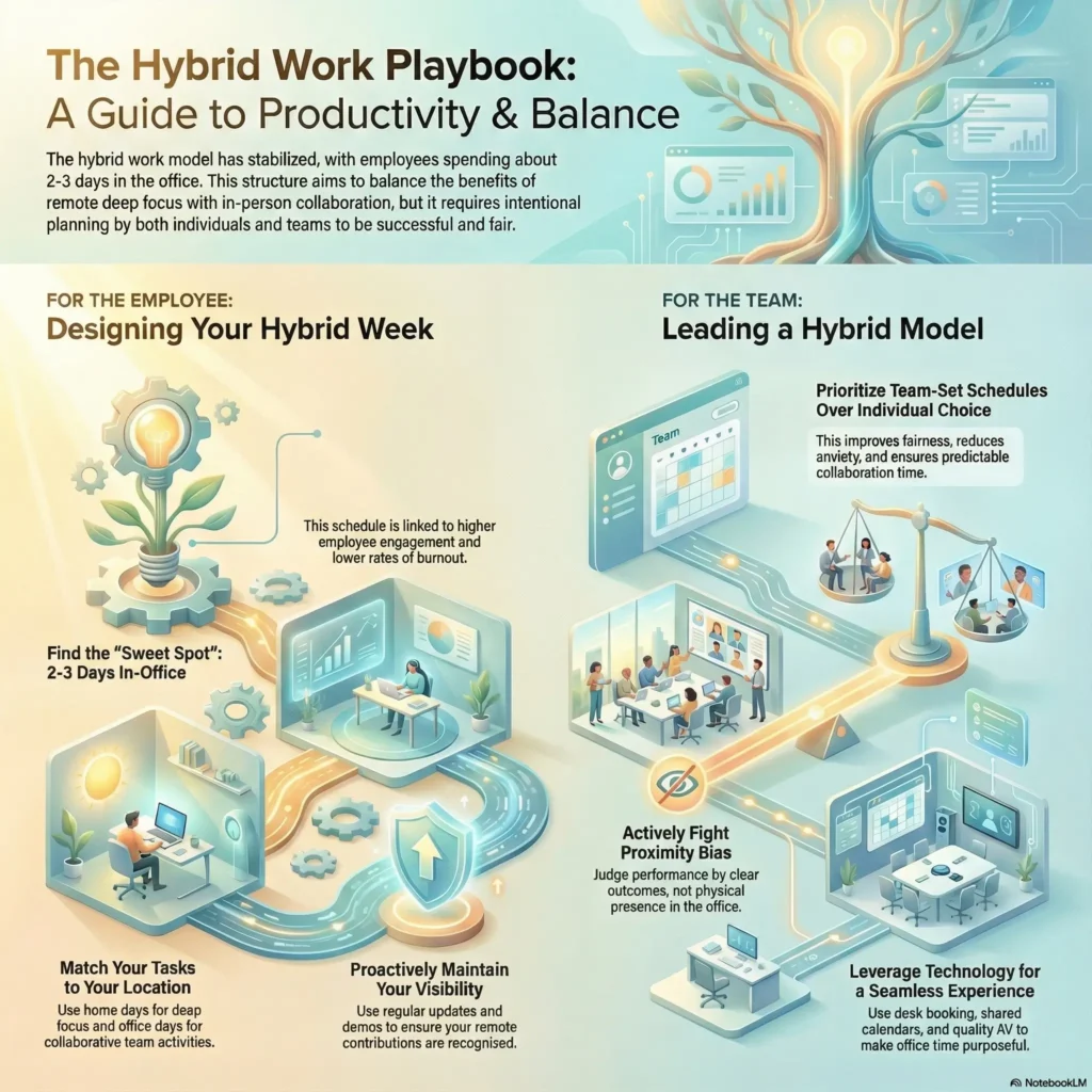 Illustrated infographic titled “The Hybrid Work Playbook: A Guide to Productivity and Balance,” created for the SmartKeys.org article “Hybrid Work Productivity Tips: Stay Effective Both In-Office and Remote.” The left side shows guidance for employees on designing a hybrid week, including finding the sweet spot of two to three days in the office, matching tasks to the right location with deep focus at home, and proactively maintaining visibility through regular updates. The right side visualizes how managers can lead a hybrid model with team set schedules, actively fighting proximity bias by judging outcomes rather than presence, and leveraging technology like shared calendars, desk booking and quality video tools for a seamless experience. A central path connecting a glowing lightbulb and digital tree reinforces how intentional planning boosts productivity, fairness and work life balance in hybrid work.
